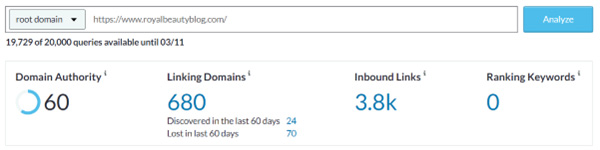 Domain Authority of Royal Beauty Blog